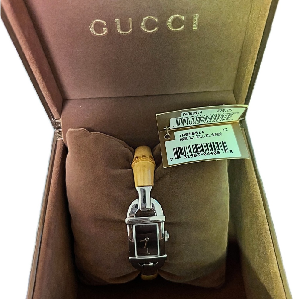 Gucci Silver and Black Watch with Tan Bamboo Strap